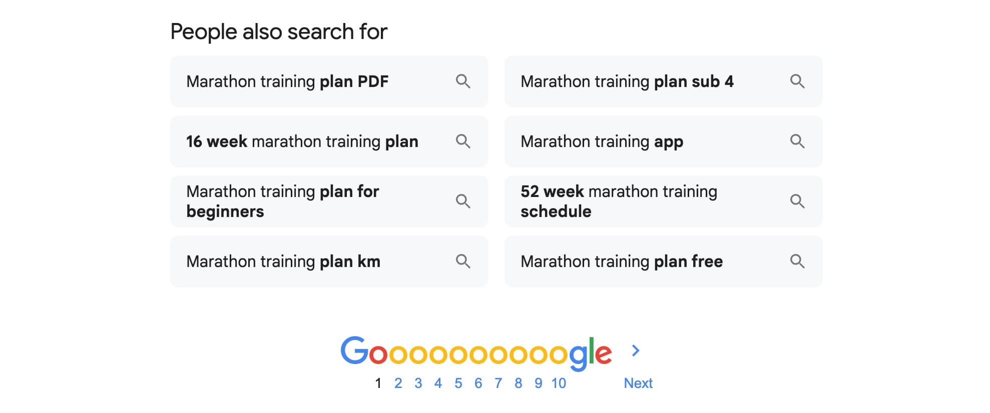 Related searches for marathon training on Google