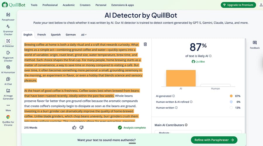 Quillbot AI detector