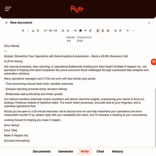 Rytr email copy result