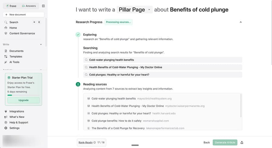 Frase lets you select the article type before generating. Here I chose pillar page.