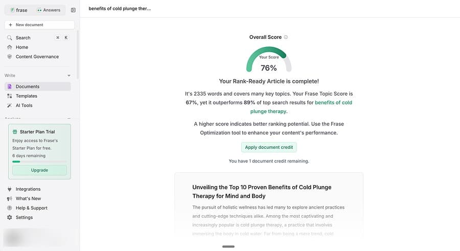 One UI showed 67%, this one showed 76%. The inconsistency was confusing, and either way the tool scored its own AI-generated content fairly low on its optimisation grading.