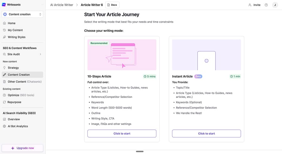Writesonic balances automation and customisation by offering both quick generation and detailed article settings