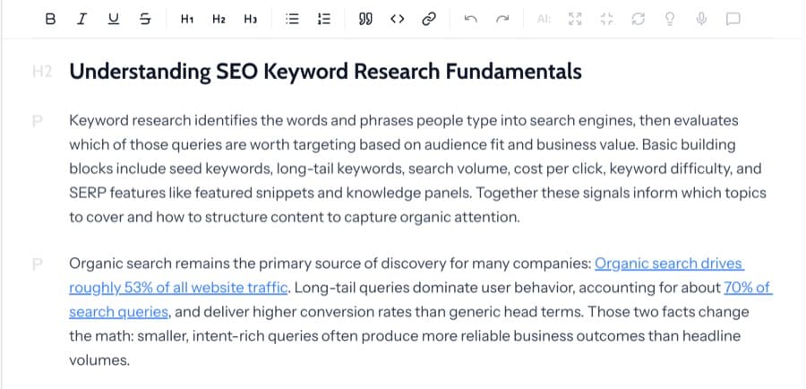 Automated internal linking feature adding contextual links to content