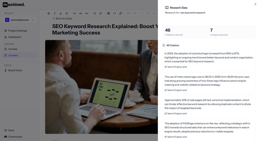 AI research feature gathering sources and citations for content