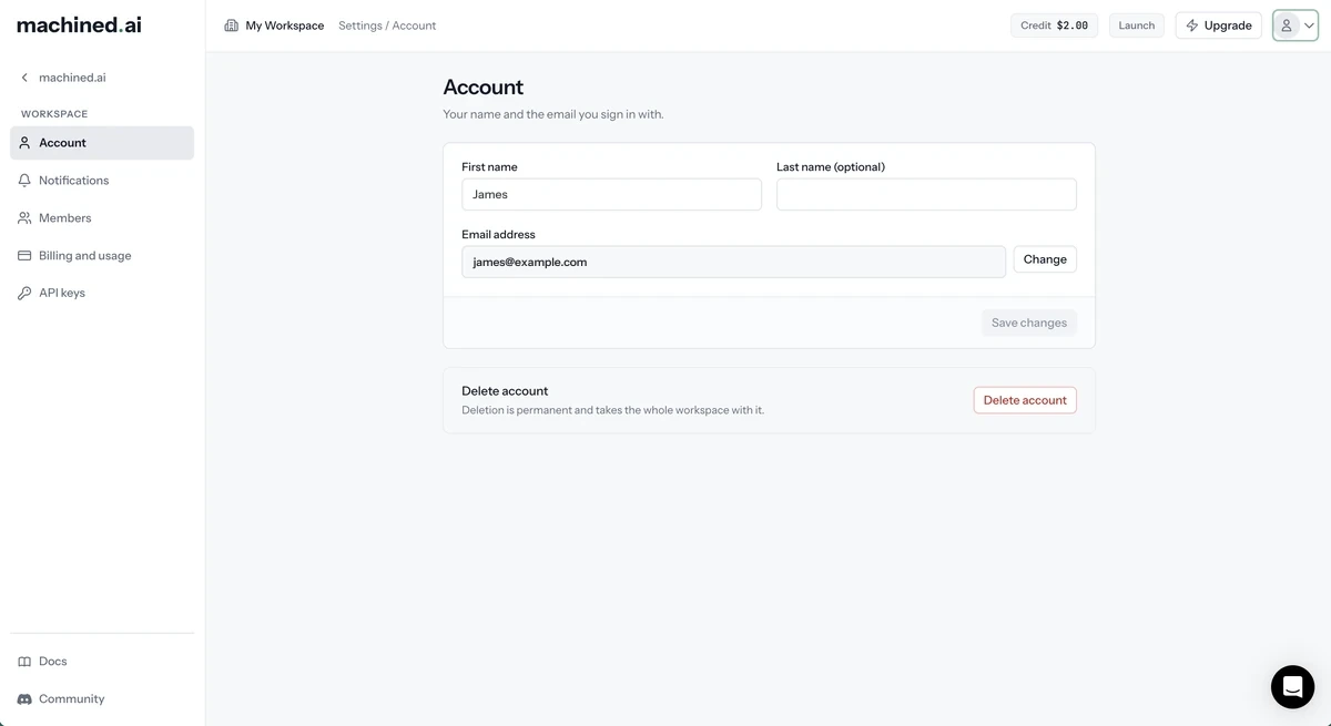 Workspace settings, with the workspace navigation on the left