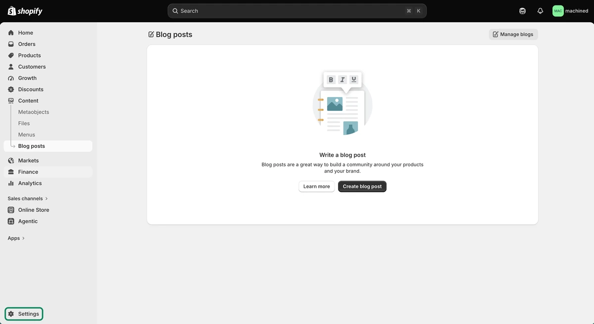 Shopify admin with Settings highlighted at the bottom of the sidebar