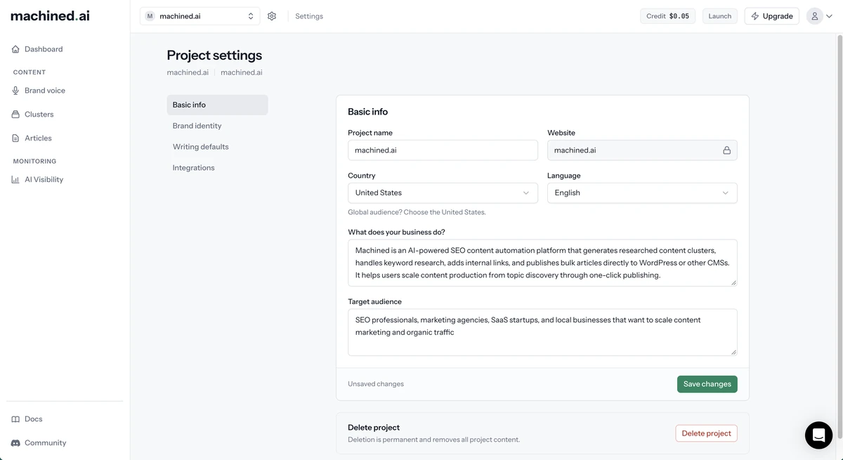 Project settings, with the Basic info, Brand identity, Writing defaults and Integrations tabs