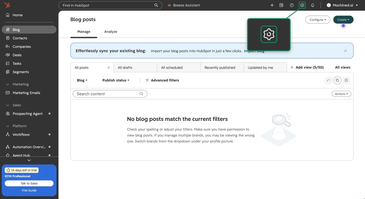 HubSpot Blog posts page with the settings icon in the top bar