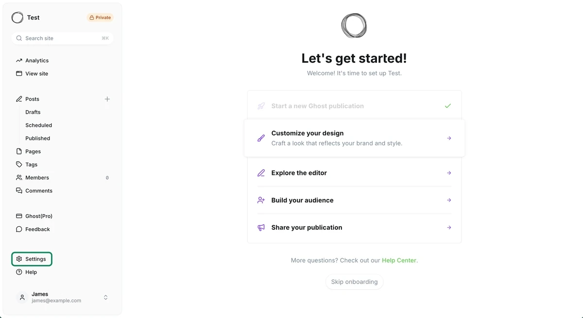 Ghost Admin dashboard with Settings at the bottom of the left-hand menu