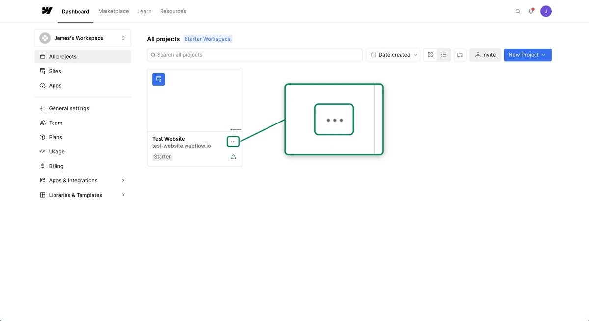 Webflow dashboard with the menu button on a site's card highlighted