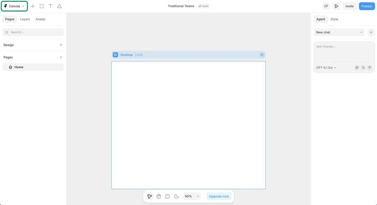 Framer editor with the Canvas menu at the top left