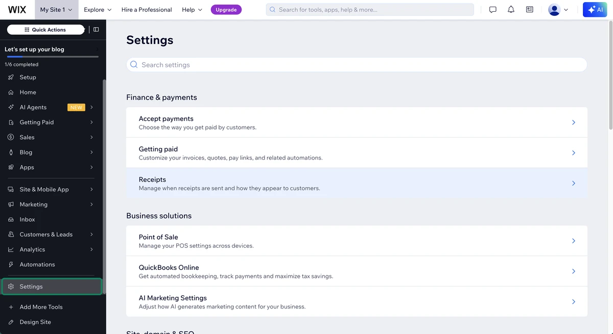 Wix site dashboard with Settings in the left-hand menu