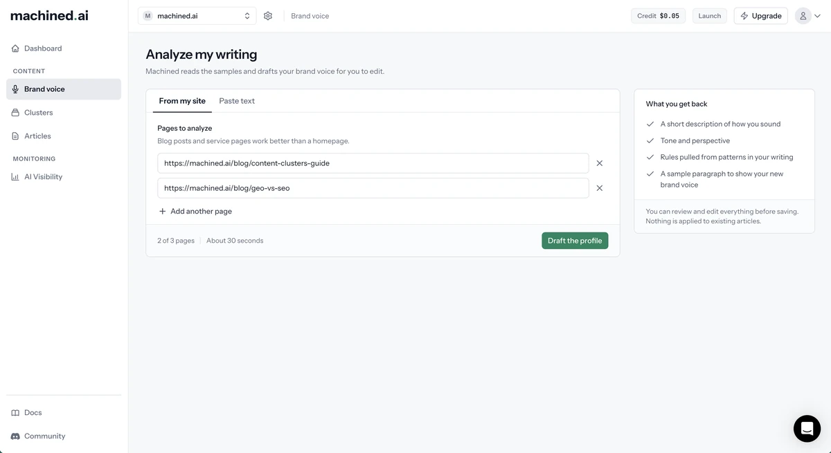 Brand voice: pages to analyze