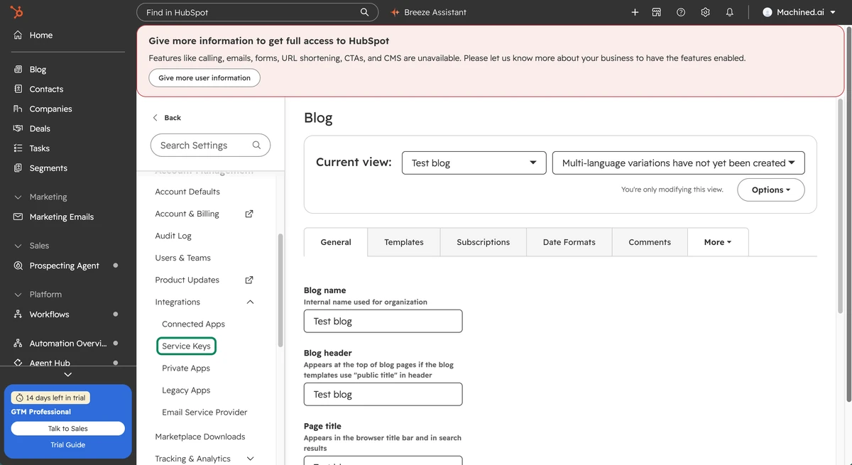 HubSpot settings with Service Keys under Integrations