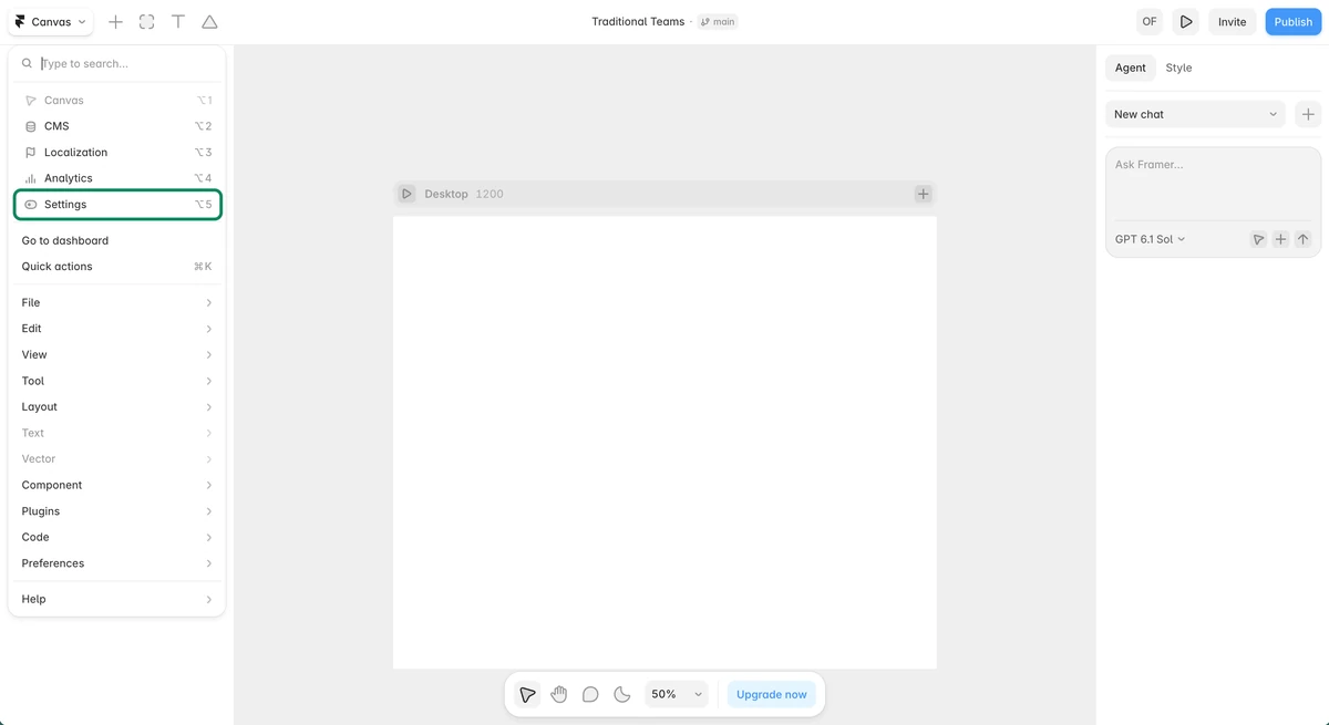 Framer main menu with Settings