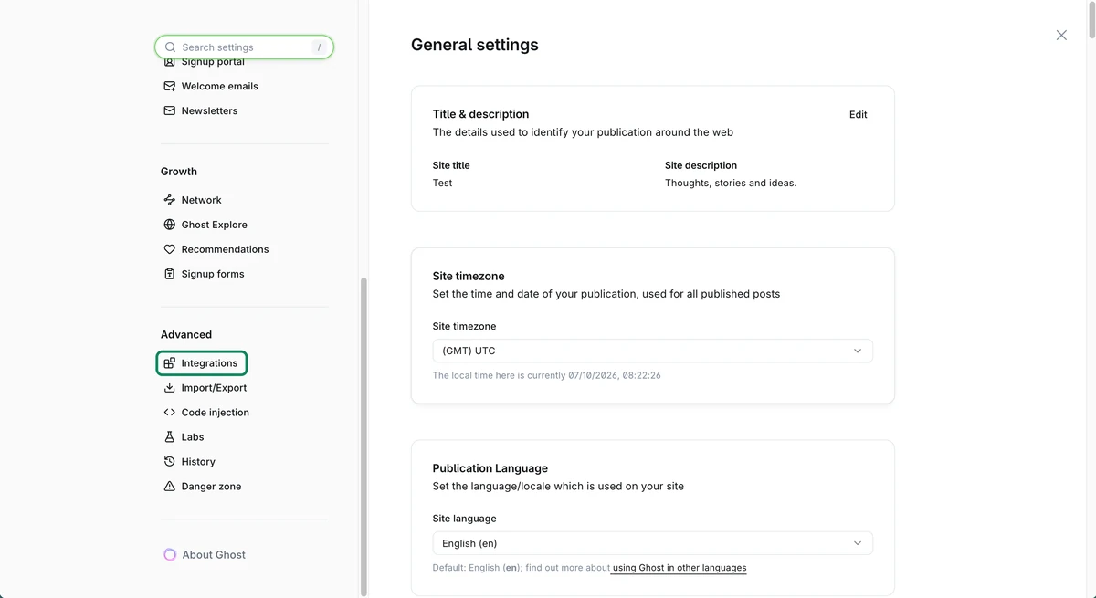Ghost settings with Integrations under Advanced