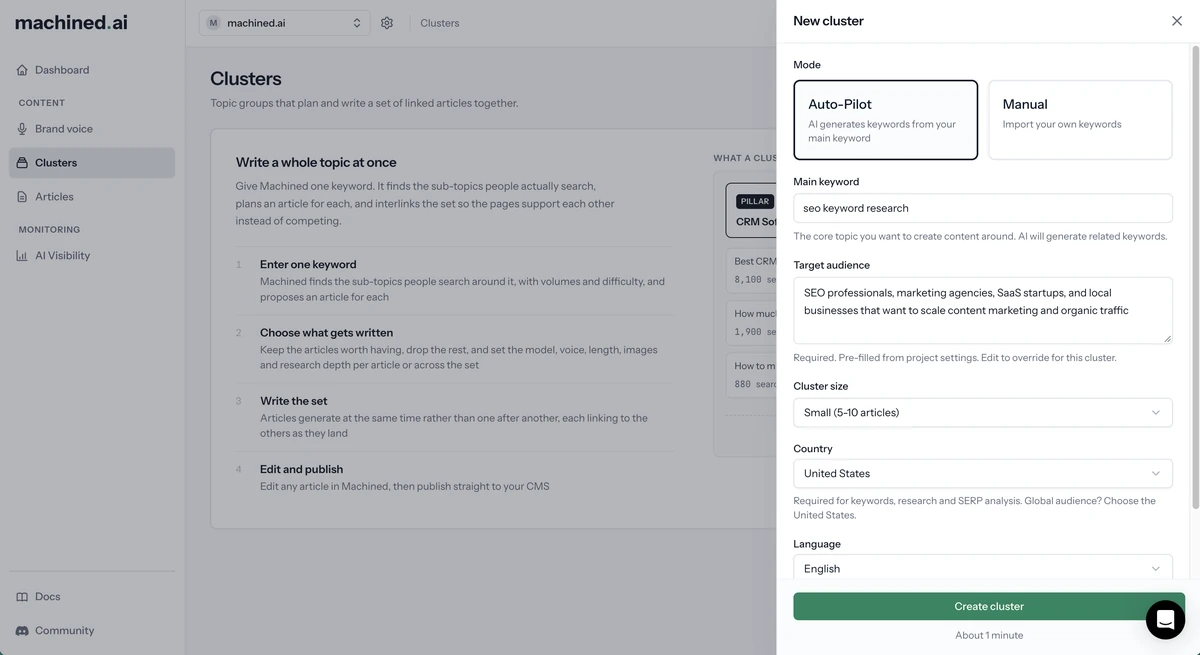 New cluster panel in Auto-Pilot mode, with a main keyword, target audience, cluster size, country and language