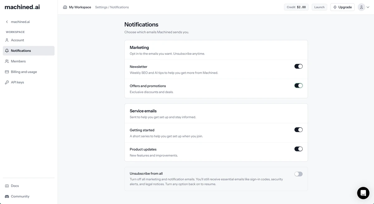 Notifications page