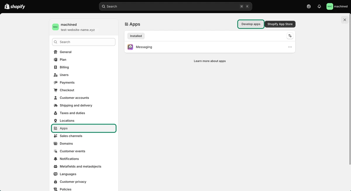 Apps page in Shopify settings with the Develop apps button highlighted