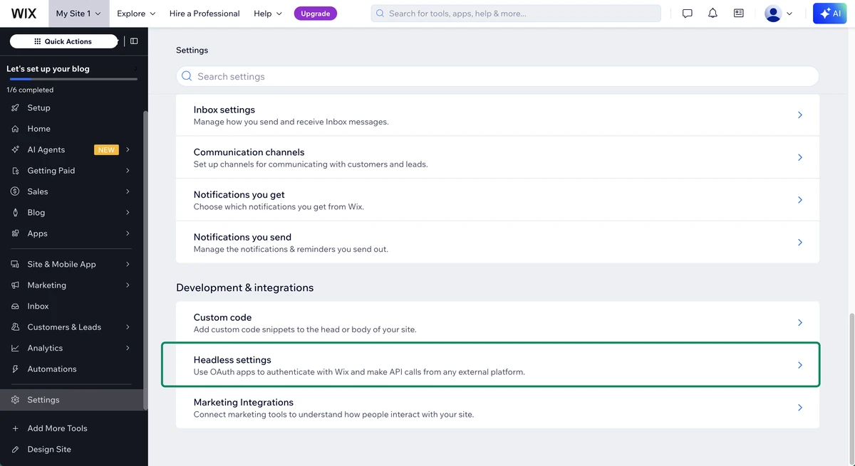 Wix Settings with Headless settings under Development & integrations