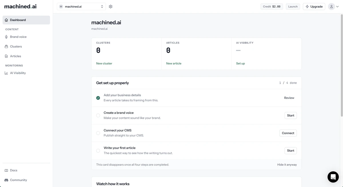 Project dashboard with the setup checklist