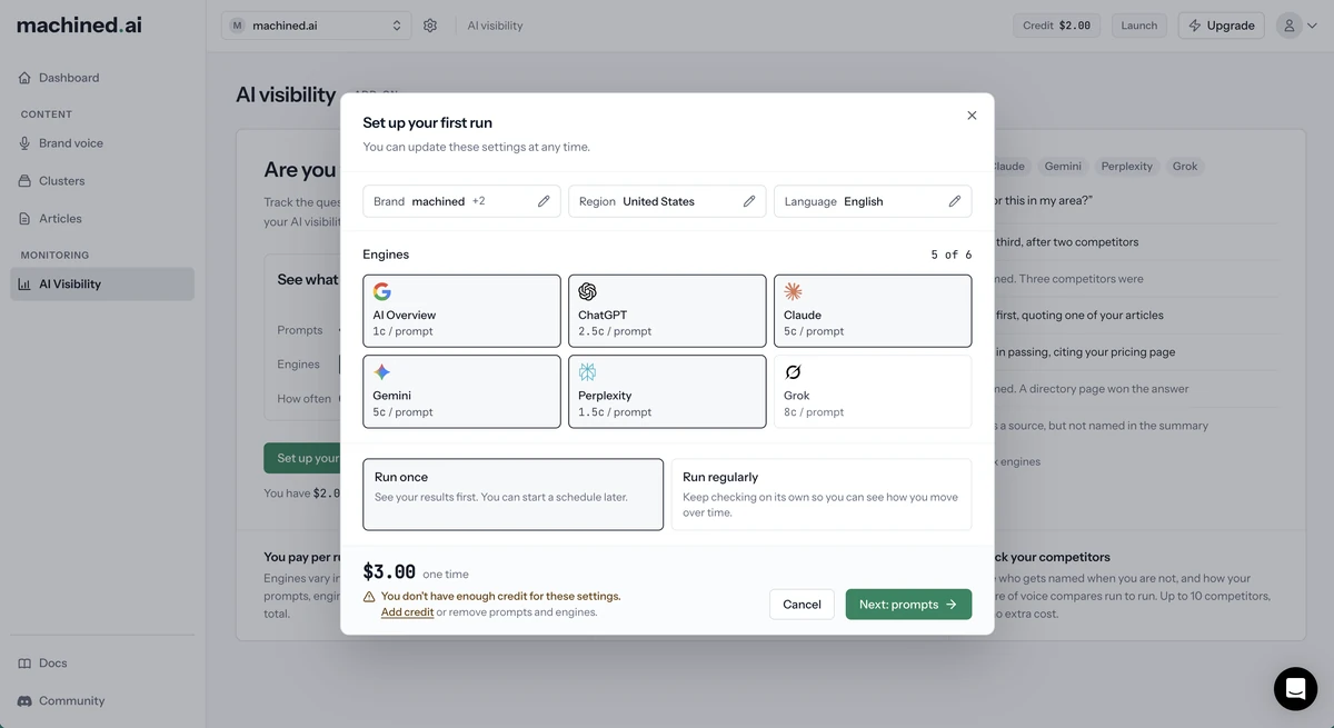 The Set up your first run dialog with brand, region, language, engines with their prices, and Run once or Run regularly