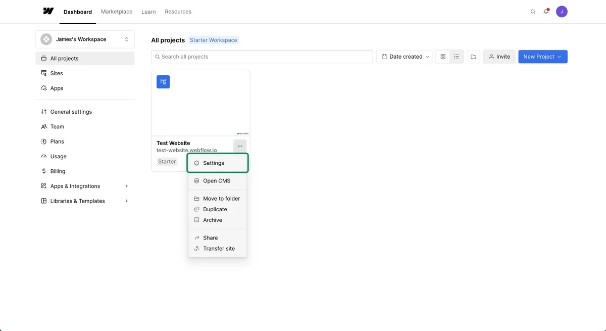 The site's menu open, with Settings highlighted