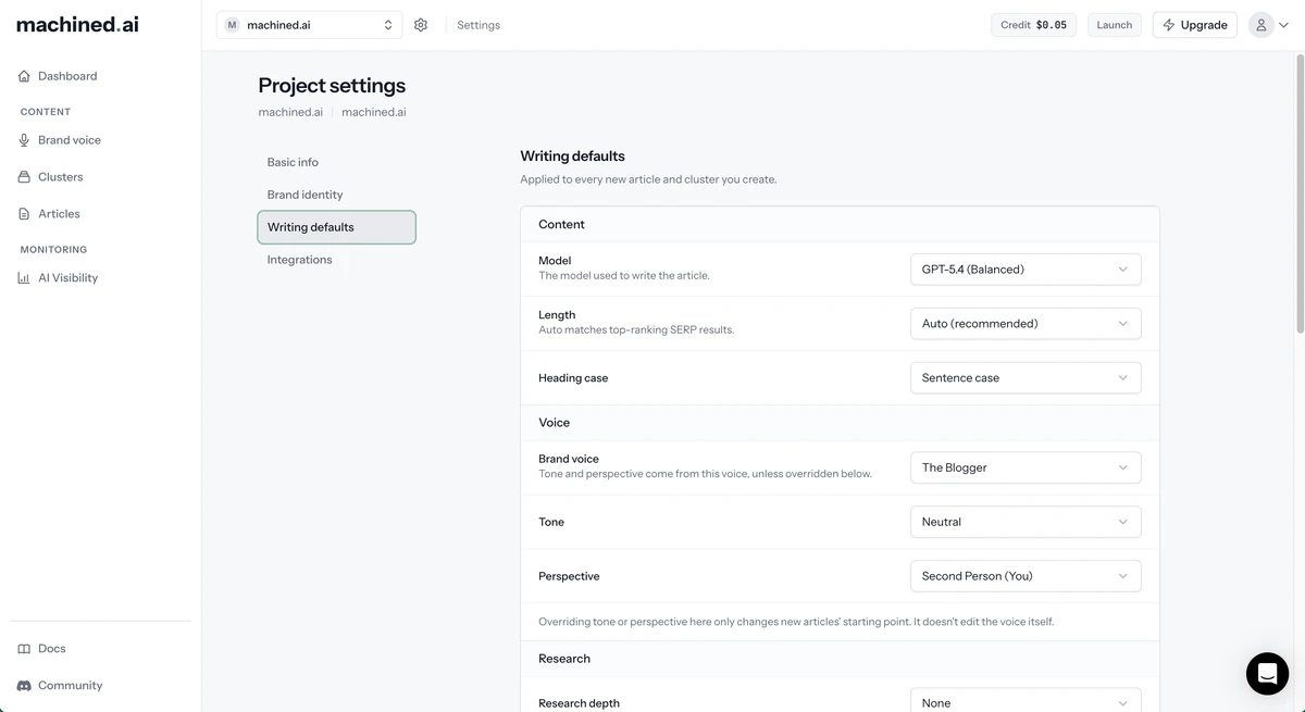 Writing defaults tab in project settings