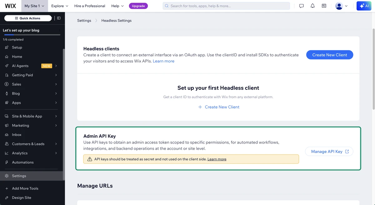 Wix Headless Settings with the Admin API Key section and the Manage API Key button