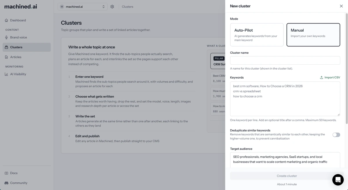 New cluster panel in Manual mode, with keywords entered one per line and the Import CSV and Deduplicate similar keywords options