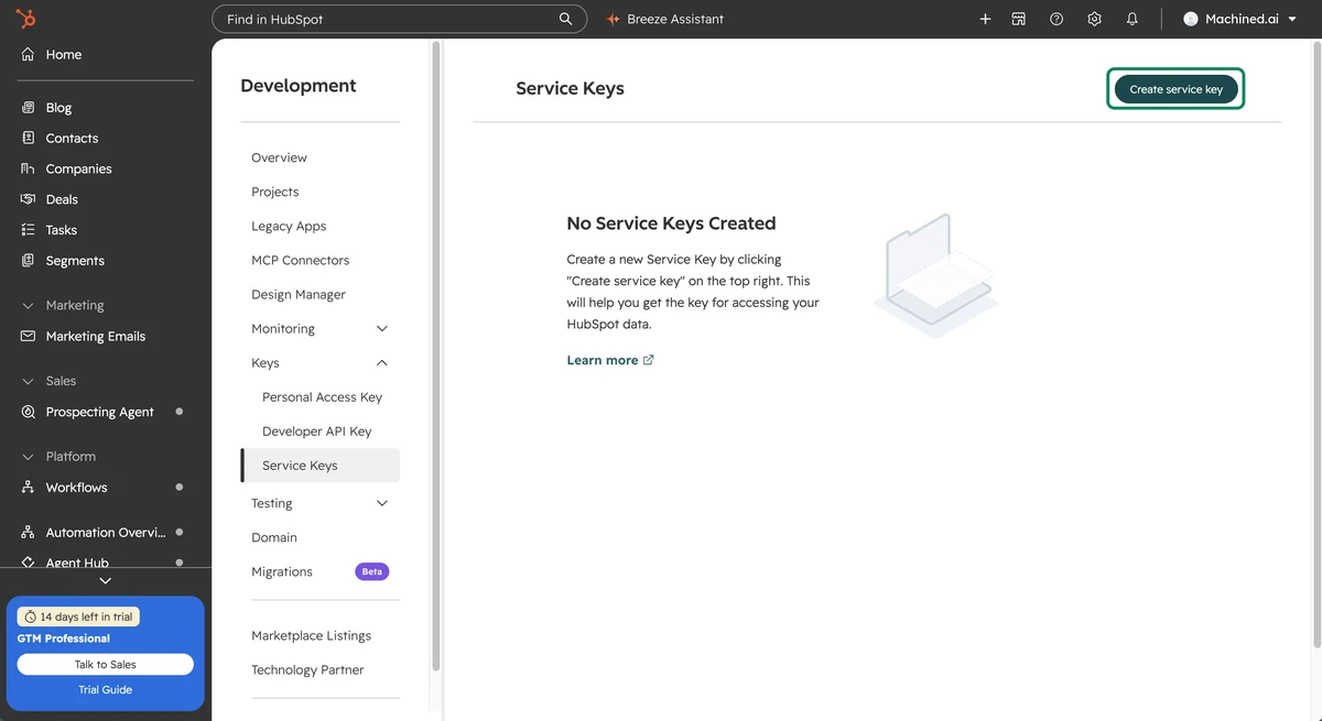 Service Keys page in HubSpot with the Create service key button