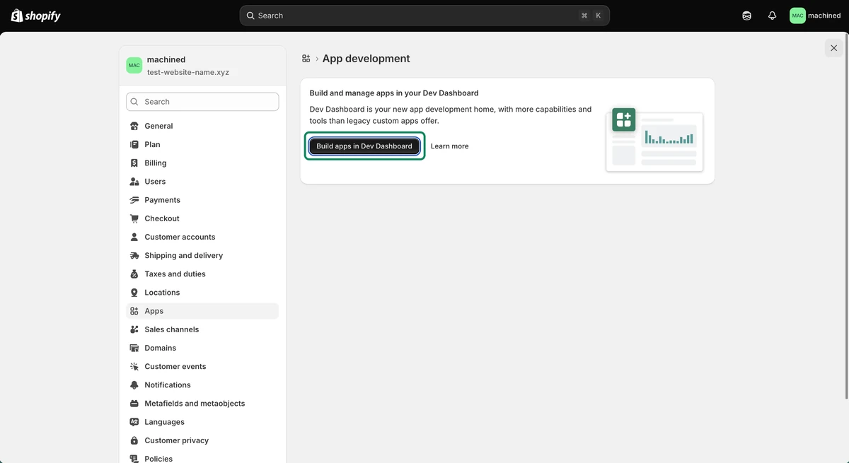 App development page with the Build apps in Dev Dashboard button highlighted