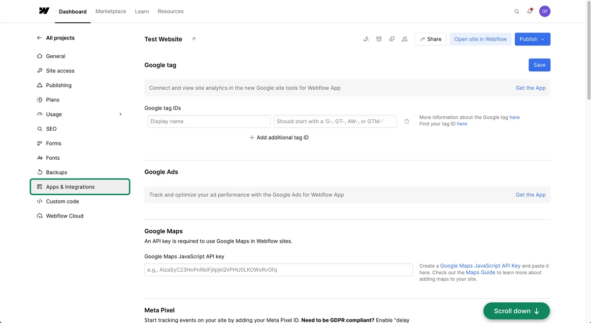 Webflow site settings with Apps &amp; Integrations highlighted in the sidebar