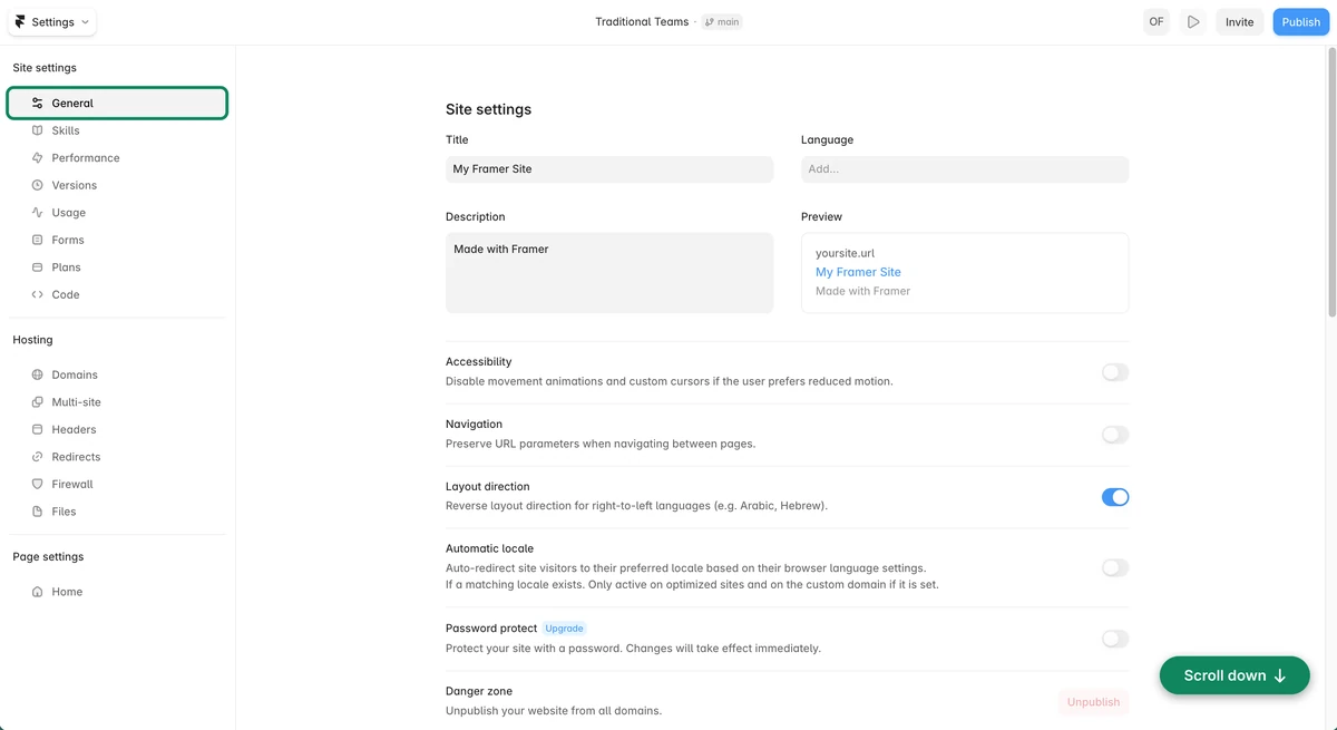 Framer Site settings on the General page