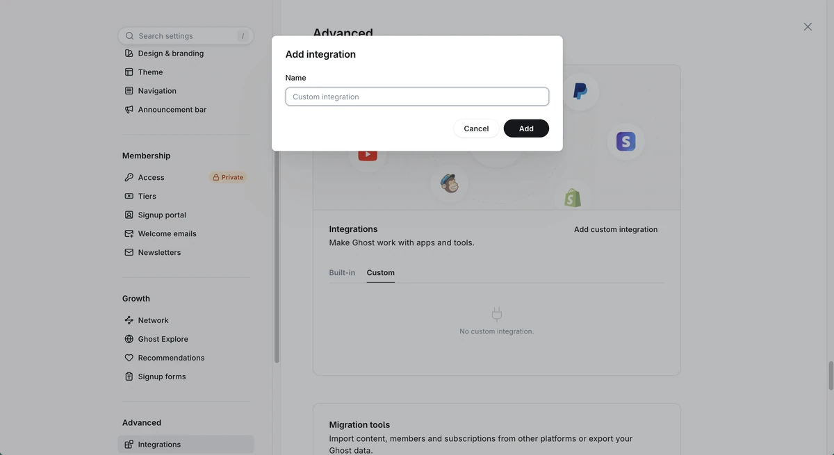 Ghost Add integration dialog with the Name field