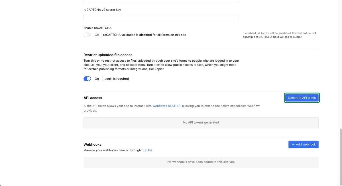 The API access section with the Generate API token button highlighted