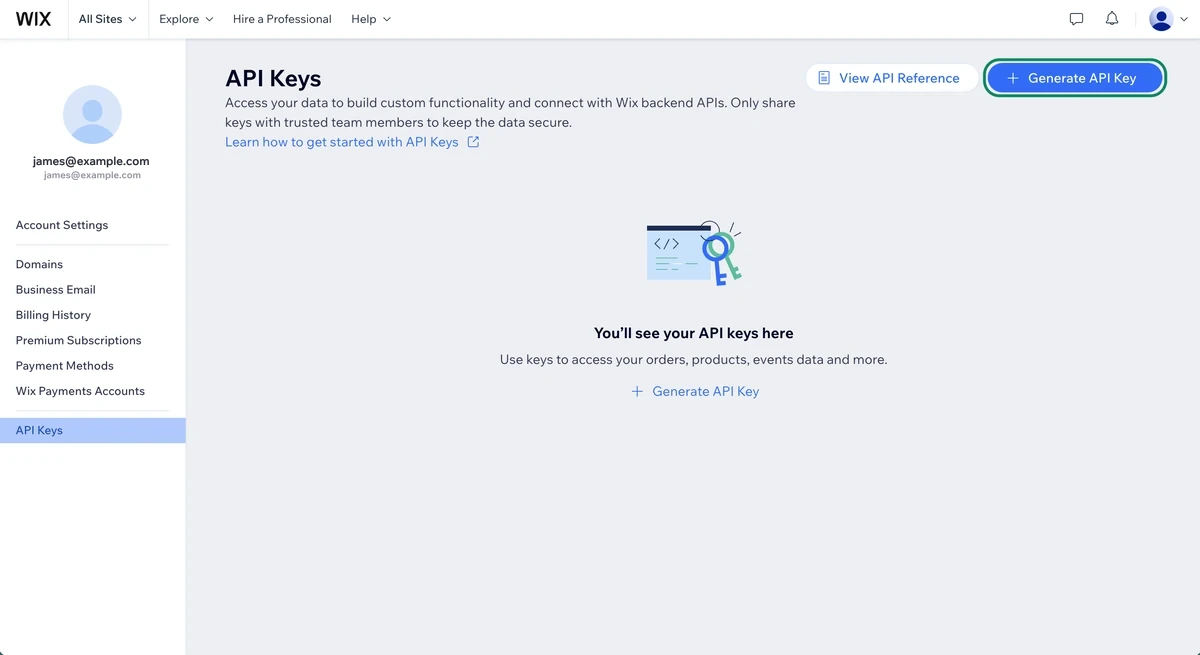 Wix API Keys page with the Generate API Key button