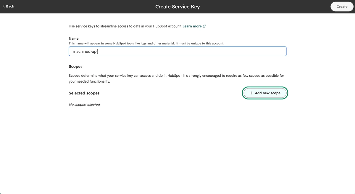 Create Service Key page with a name entered and the Add new scope button
