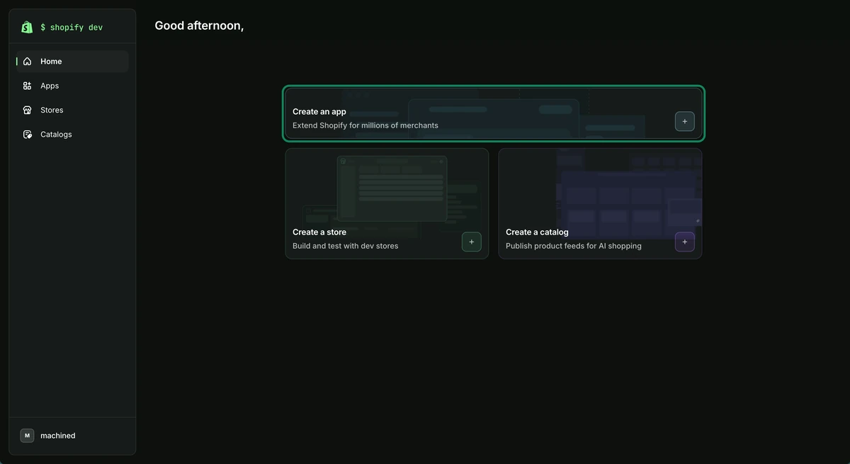 Shopify Dev Dashboard home with the Create an app option highlighted