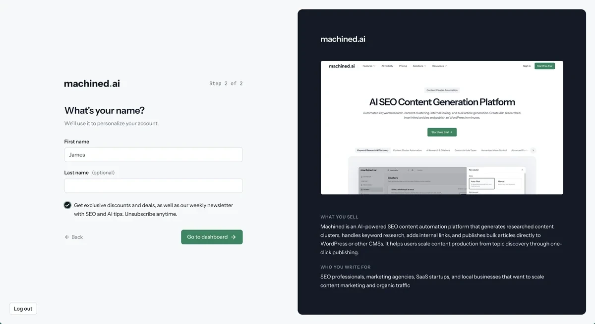 Onboarding: Machined scans your website to fill in your business details