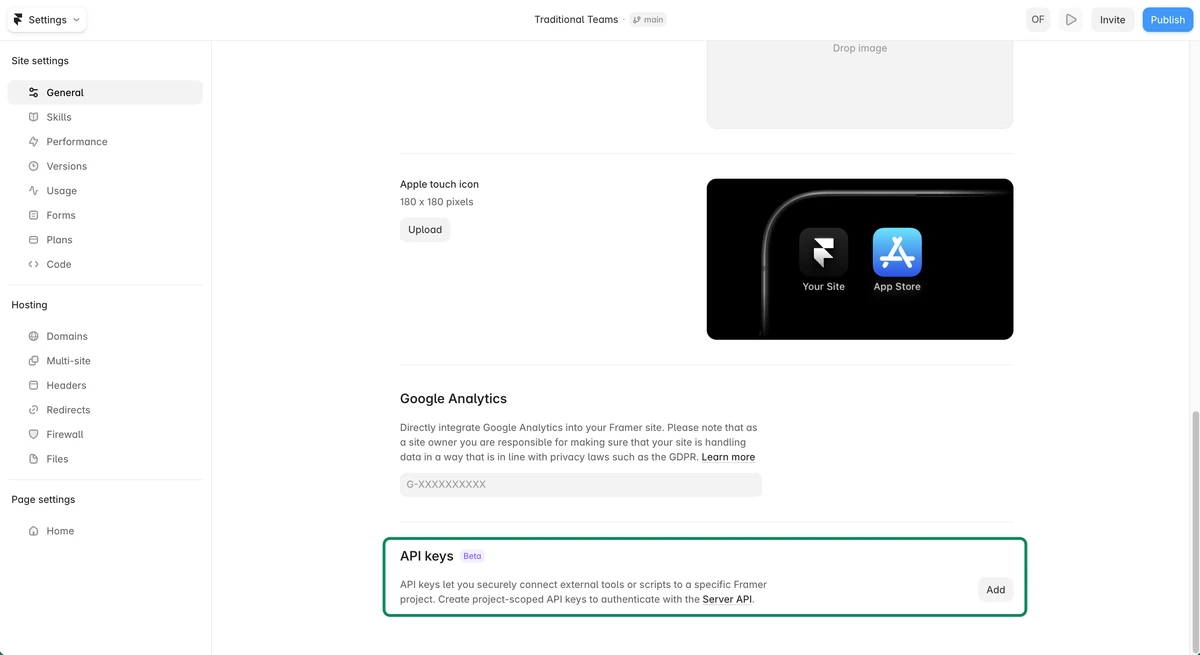API keys section at the bottom of Framer's General settings, with the Add button