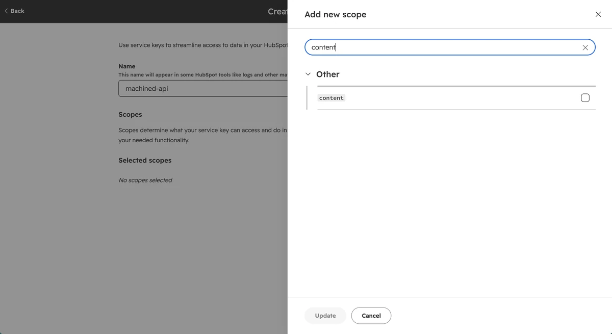 HubSpot Add new scope panel with "content" entered in the search
