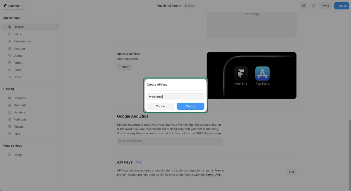 Framer Create API key dialog with "Machined" entered