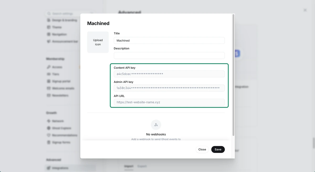 Ghost custom integration showing the Content API key, Admin API key and API URL