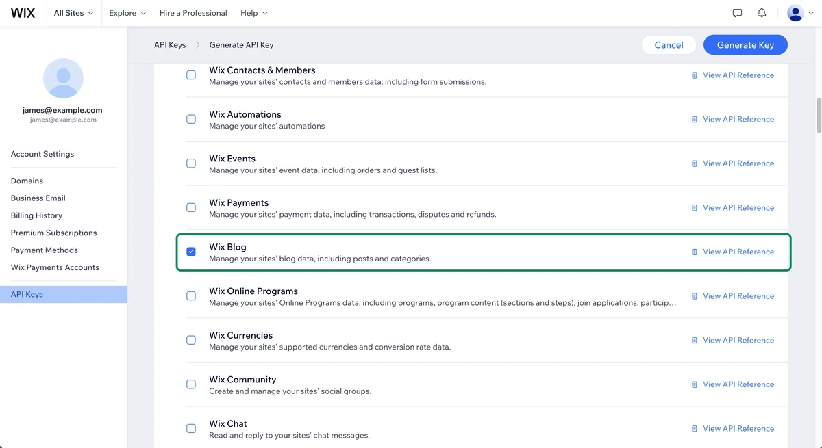 Wix Blog ticked when generating a Wix API key