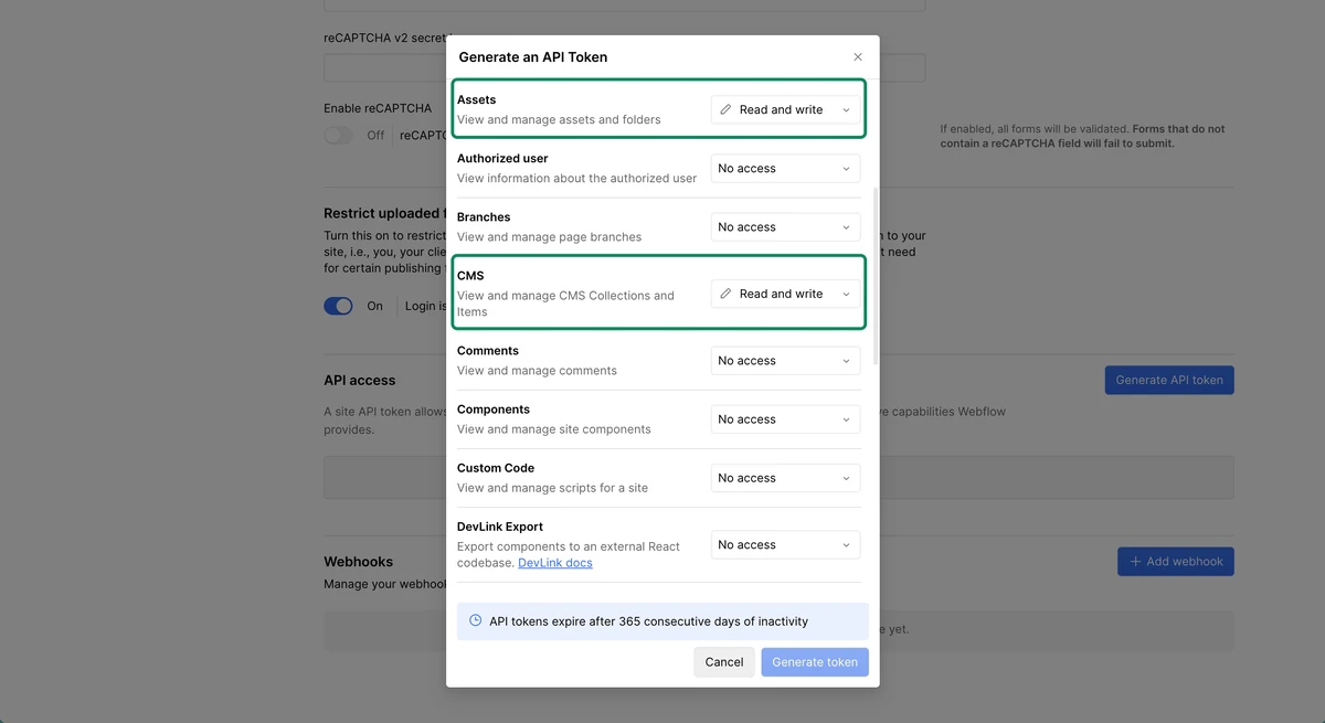 Generate an API Token dialog with Assets and CMS set to Read and write