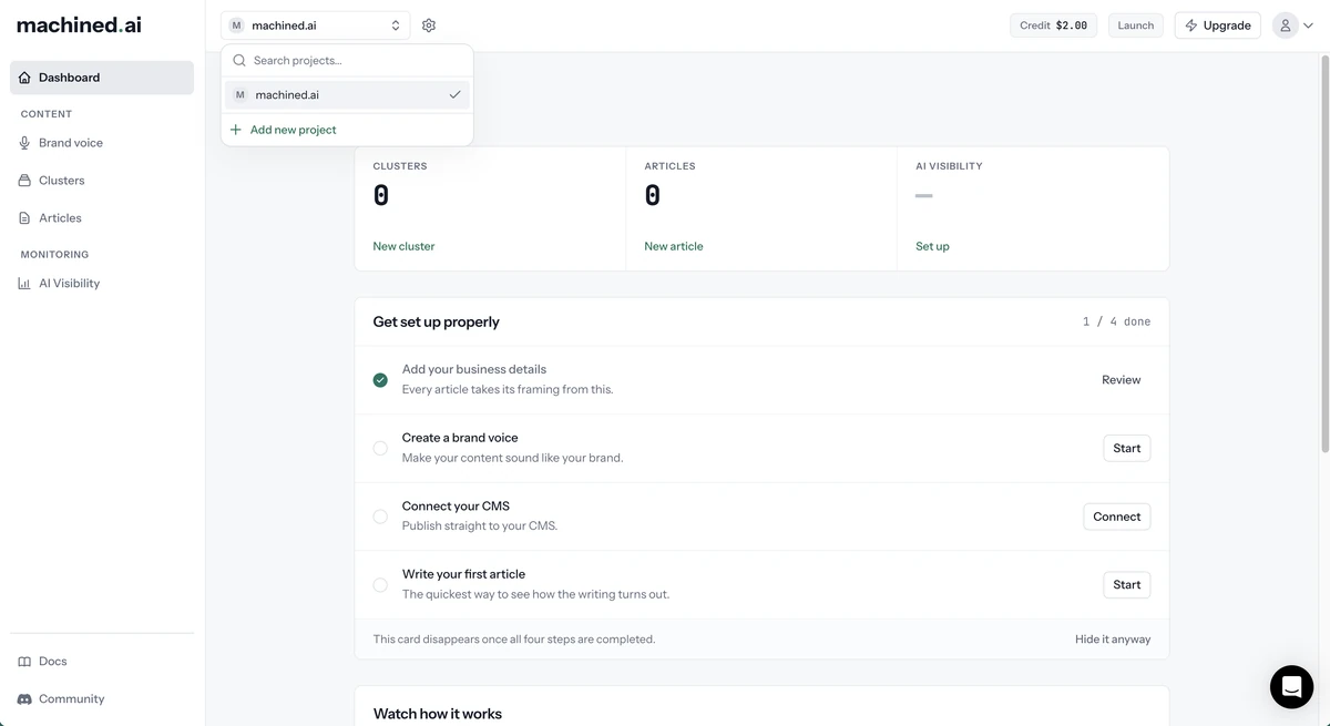 Project switcher open, with Add new project