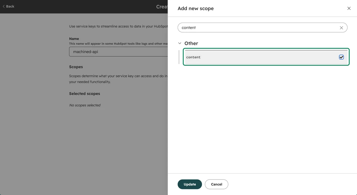 The content scope ticked in HubSpot's Add new scope panel