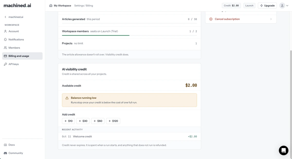 The AI visibility credit card on Billing and usage, showing available credit, a low-balance warning, Add credit amounts and recent activity
