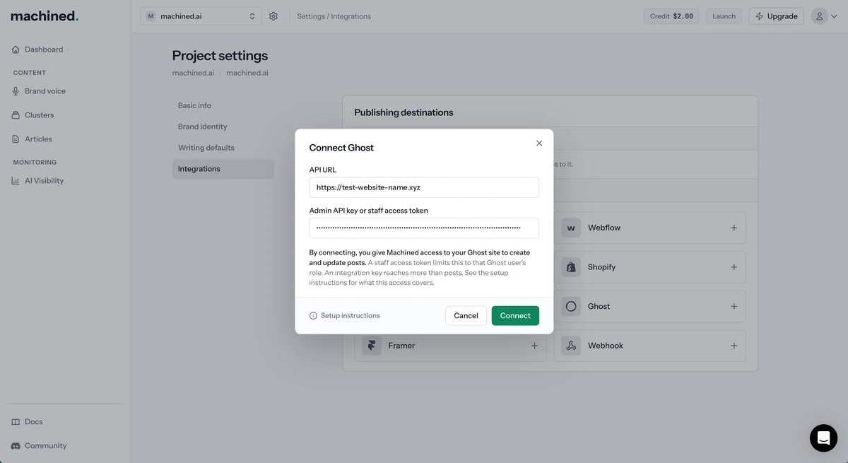 Connect Ghost dialog with the API URL and Admin API key entered